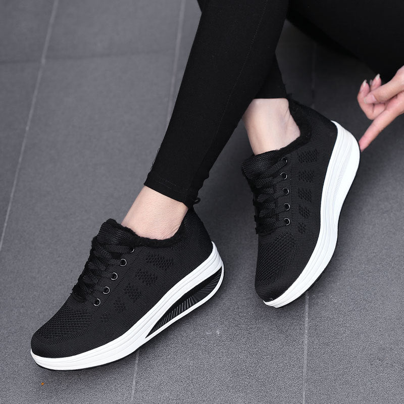 Damen nan gefütterter Strick-Schnürwalkingschuh mit kuscheligem Teddyfutter und ergonomischer Keilsohle Drune