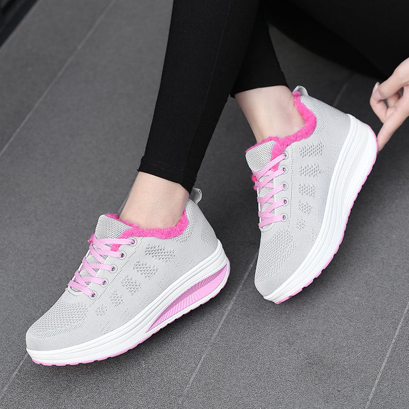 Damen nan gefütterter Strick-Schnürwalkingschuh mit kuscheligem Teddyfutter und ergonomischer Keilsohle Drune