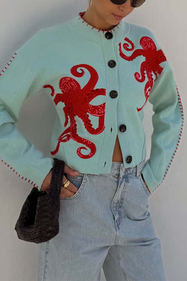 Drune | Strandstrick-Cardigan mit nautischem Oktopus-Design