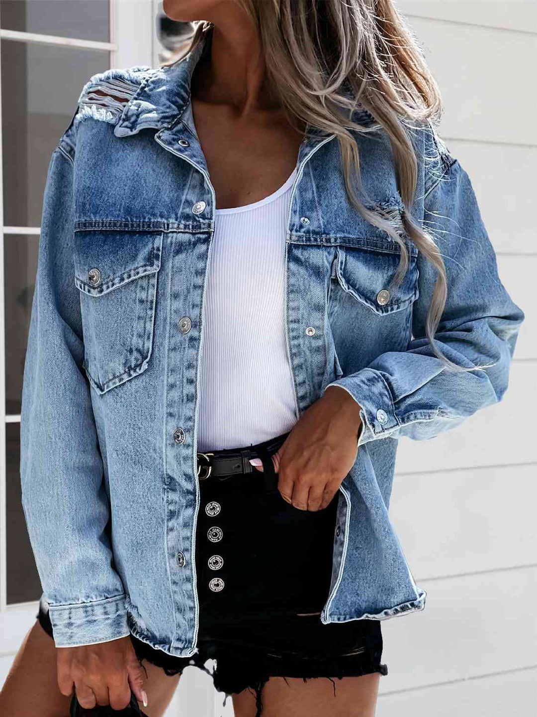 Drune | Ausgefranste Snap Down Denimjacke