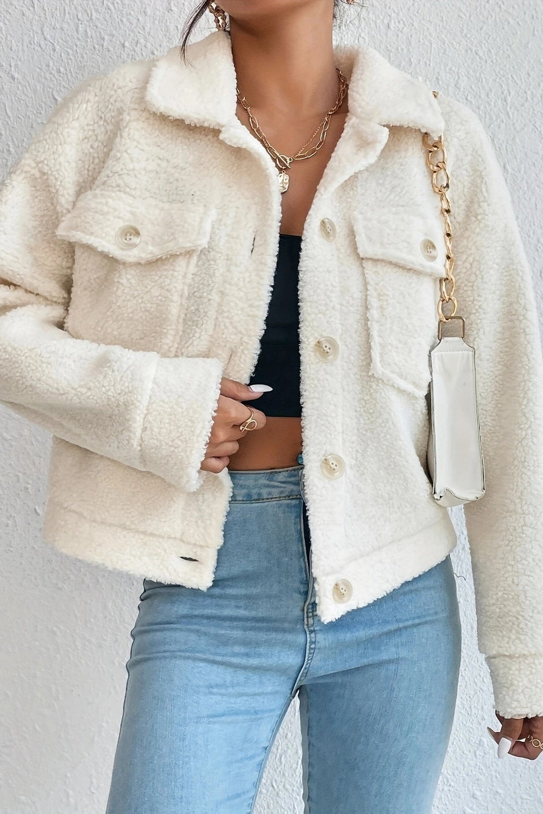 Drune | Weiße kurze Sherpa-Jacke