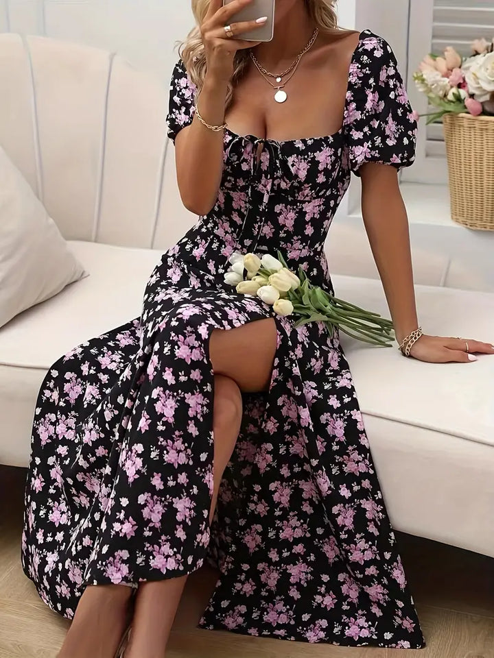 Drune | Schickes Kleid mit Puffärmeln Im A-Linien-Stil mit Blumendruck