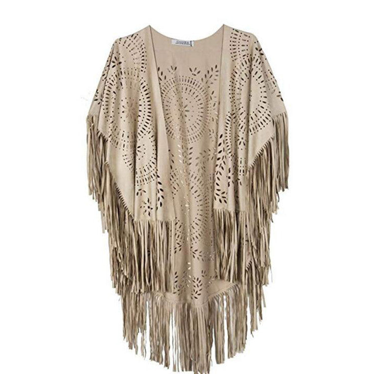 Damen fransiger, leichter Kimono aus Kunstleder mit ausgeschnittenem Muster Drune