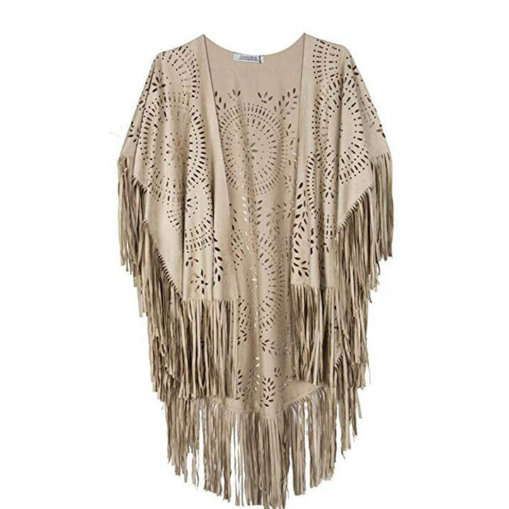 Damen fransiger, leichter Kimono aus Kunstleder mit ausgeschnittenem Muster Drune