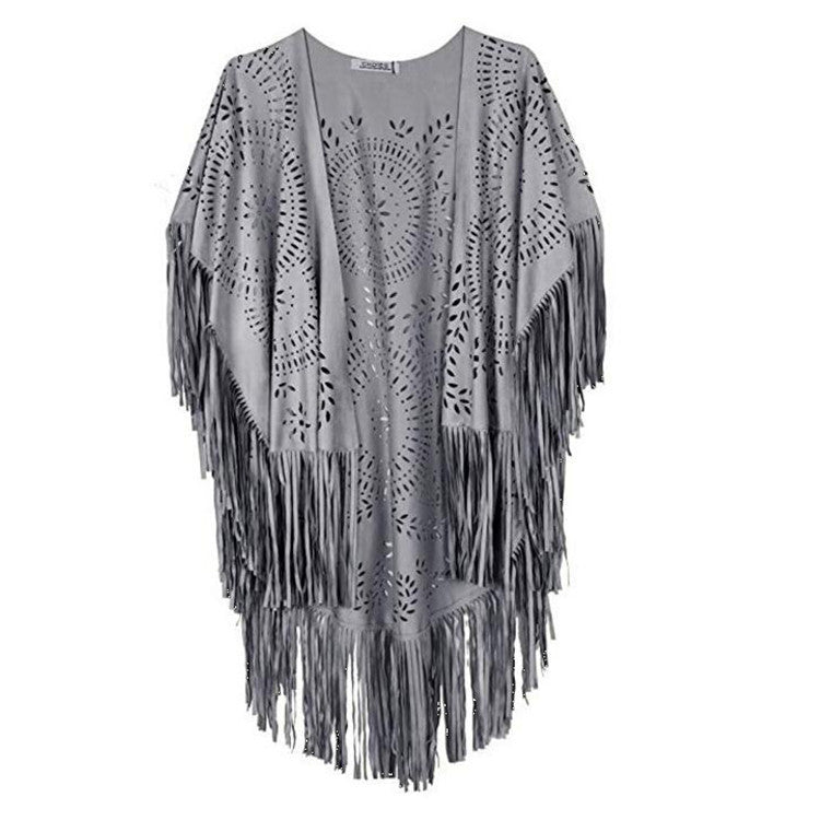 Damen fransiger, leichter Kimono aus Kunstleder mit ausgeschnittenem Muster Drune