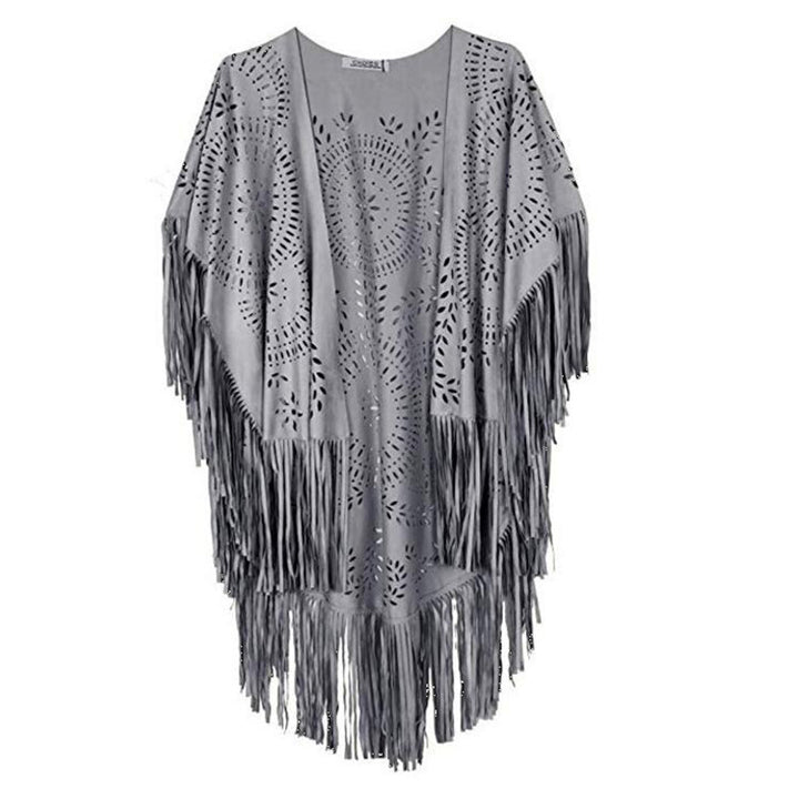 Damen fransiger, leichter Kimono aus Kunstleder mit ausgeschnittenem Muster Drune