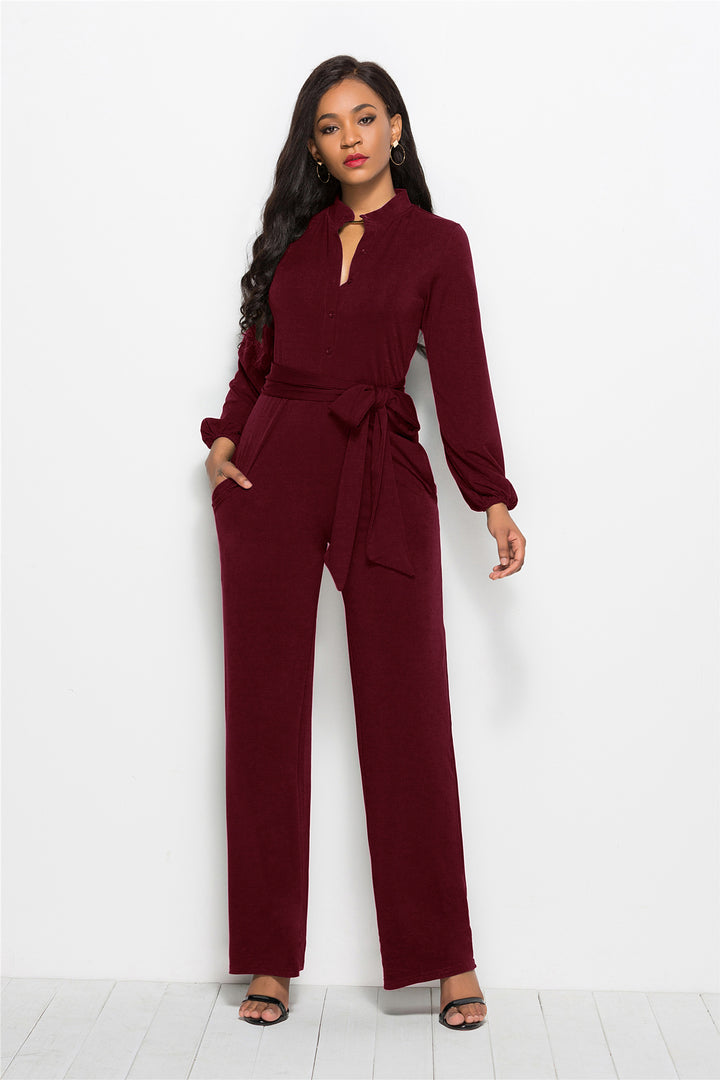Damen Eleganter Jumpsuit mit tailliertem Schnitt und langen Ärmeln Drune