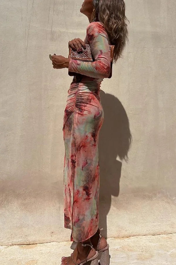 Drune | Charm Lady Mesh Overlay Tie Dye Print Langarm Rüsch Stretch Midi Kleid