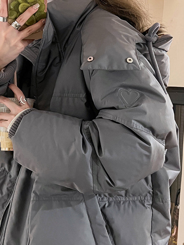 Drune | Graue einfarbige Herzverzierte Kapuzenpufferjacke