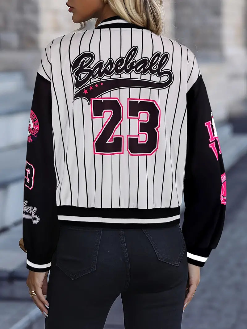 Drune | Collegejacke mit Buchstabenprint und Druckknopfverschluss Vorne