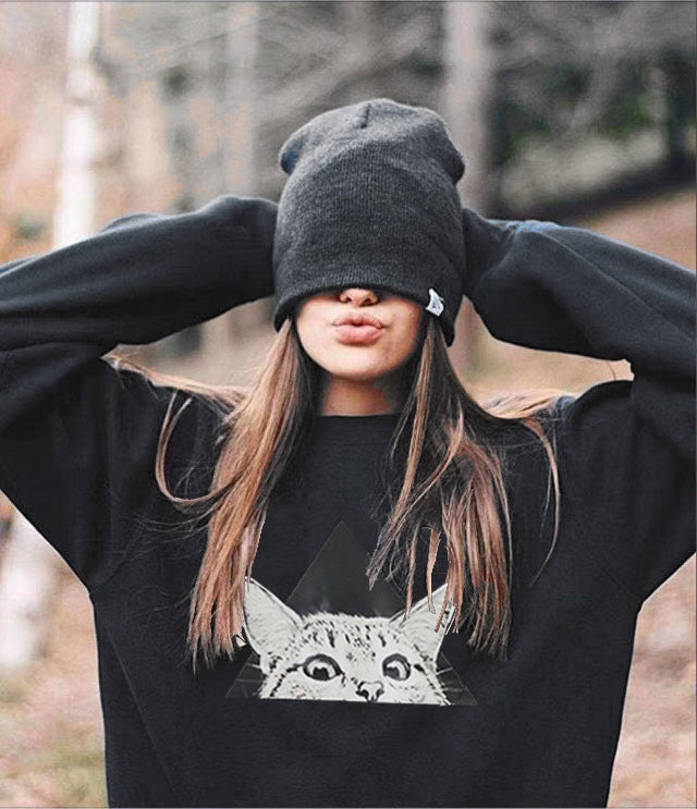 Damen Sweatshirt mit Katzenmotiv und kreativem geometrischen Design Drune