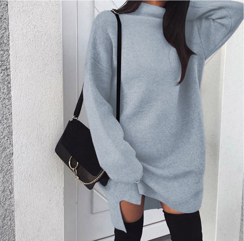 Damen nan Oversize Strickkleid mit Stehkragen, überschnittenen Schultern und seitlichem Oberschenkelschlitz Drune