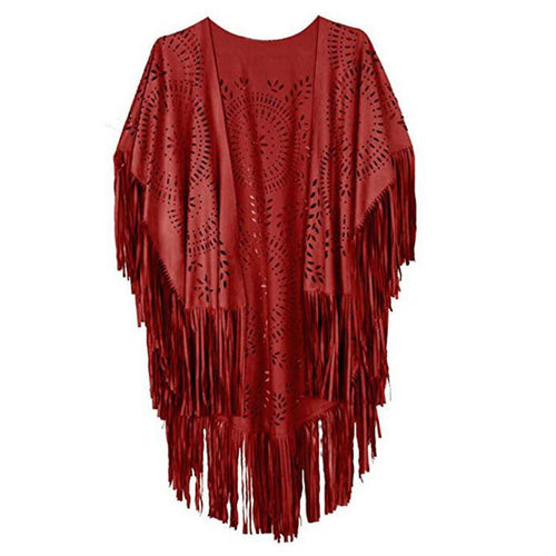 Damen fransiger, leichter Kimono aus Kunstleder mit ausgeschnittenem Muster Drune