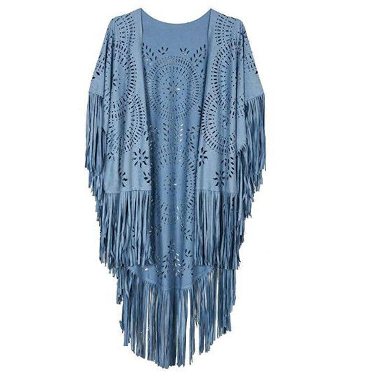 Damen fransiger, leichter Kimono aus Kunstleder mit ausgeschnittenem Muster Drune