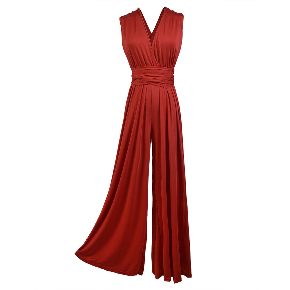 Damen eleganter Jumpsuit mit tiefem V-Ausschnitt und innovativer Wickeloptik Drune