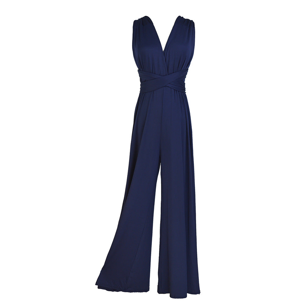 Damen eleganter Jumpsuit mit tiefem V-Ausschnitt und innovativer Wickeloptik Drune