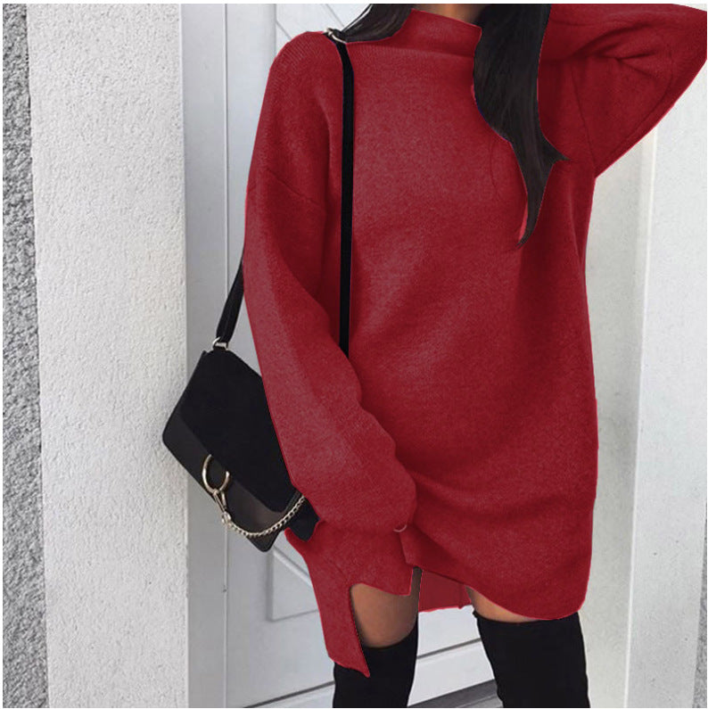 Damen nan Oversize Strickkleid mit Stehkragen, überschnittenen Schultern und seitlichem Oberschenkelschlitz Drune