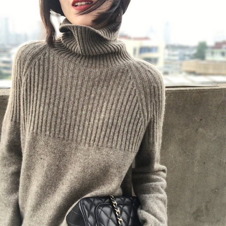 Damen Strickpullover mit hohem Kragen und Rippstruktur Drune