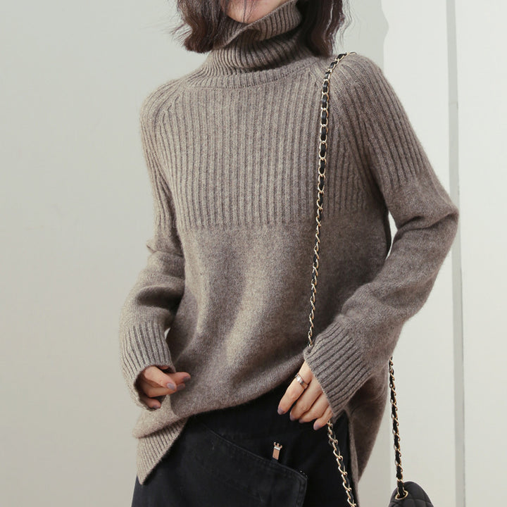 Damen Strickpullover mit hohem Kragen und Rippstruktur Drune