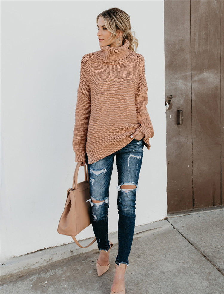 Damen Grobstrickpullover mit hohem Kragen und voluminösen Ärmeln Drune