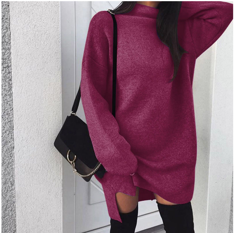 Damen nan Oversize Strickkleid mit Stehkragen, überschnittenen Schultern und seitlichem Oberschenkelschlitz Drune