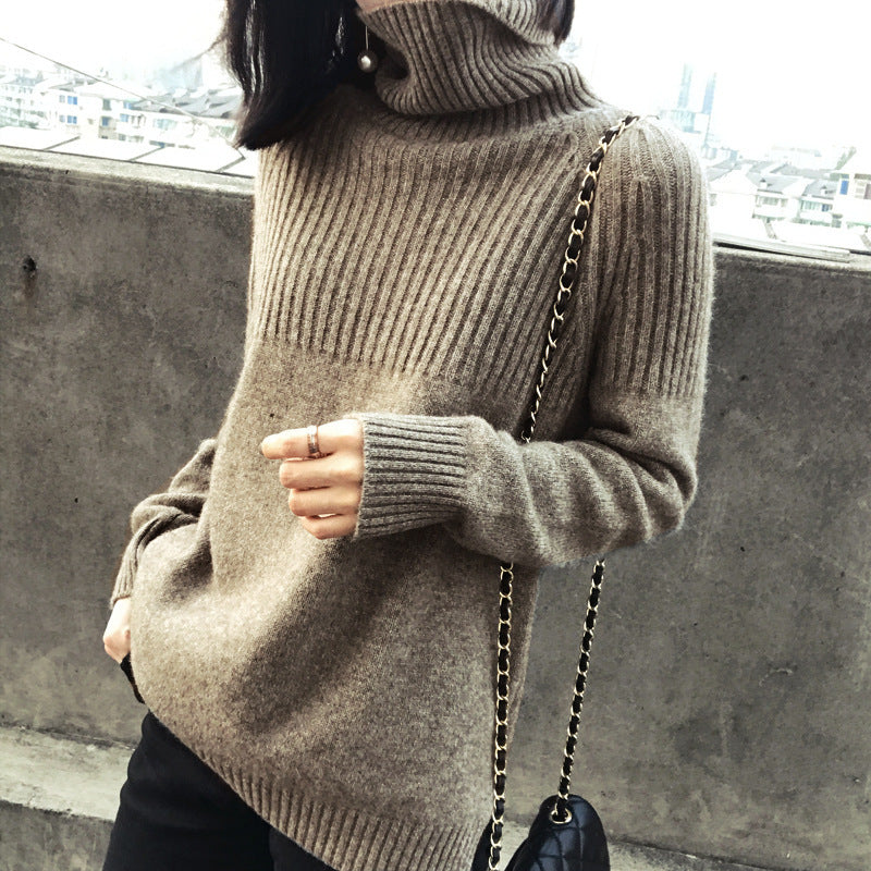Damen Strickpullover mit hohem Kragen und Rippstruktur Drune