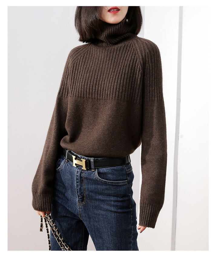 Damen Strickpullover mit hohem Kragen und Rippstruktur Drune