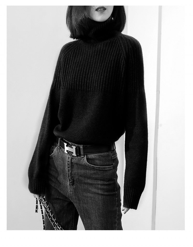 Damen Strickpullover mit hohem Kragen und Rippstruktur Drune