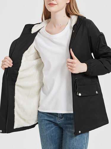 Drune | Schwarze Winter-Casual-Jacke mit Kunstfellfutter und verstellbarem Bund für Damen - Ideal für Herbst/Winter