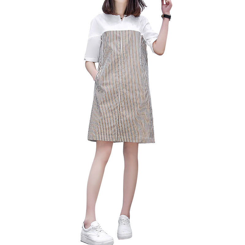 Damen Hemdkleid mit gestreiftem Design und kurzen Ärmeln Drune