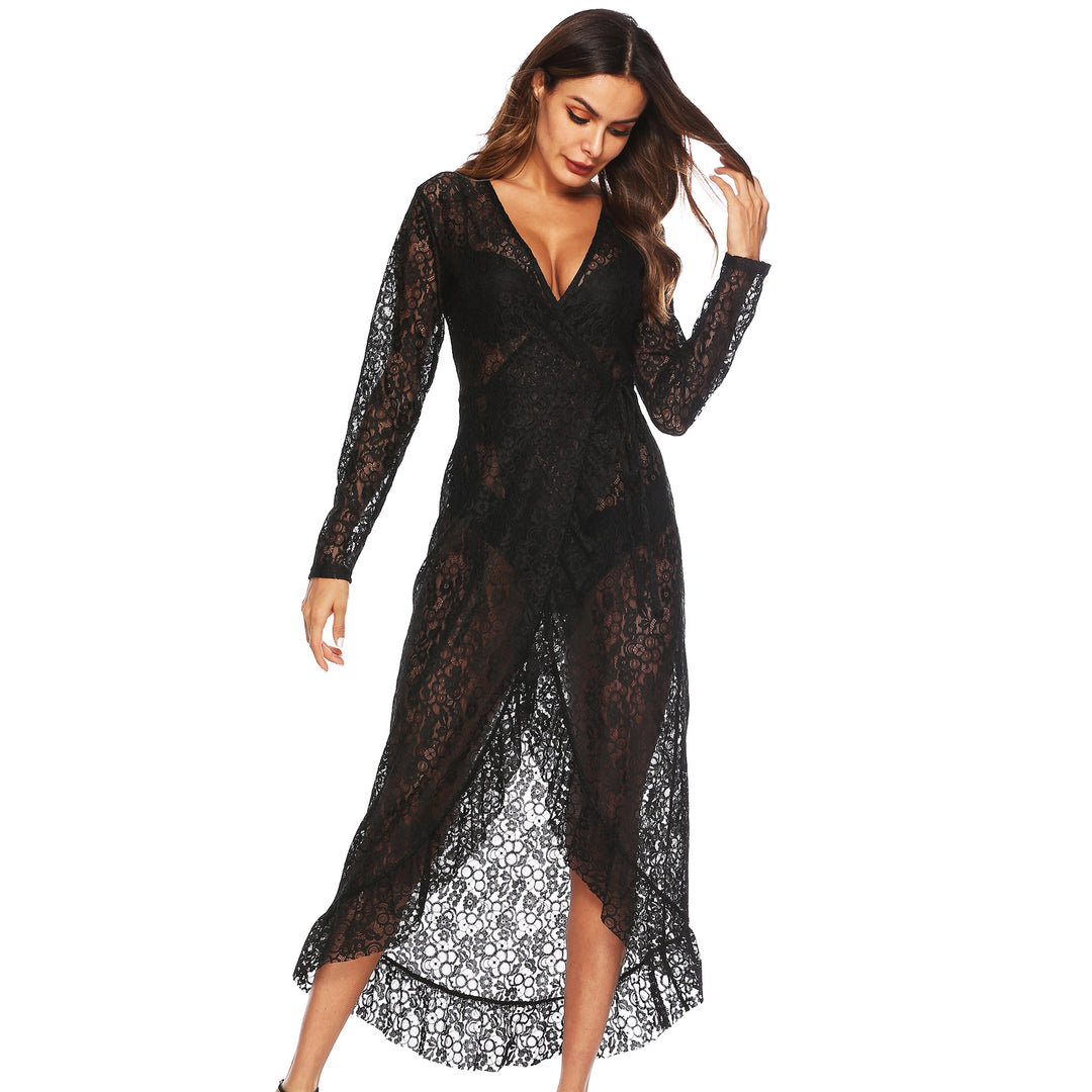 Damen eleganter Spitzen-Kimono mit tiefem V-Ausschnitt und langem Schnitt Drune