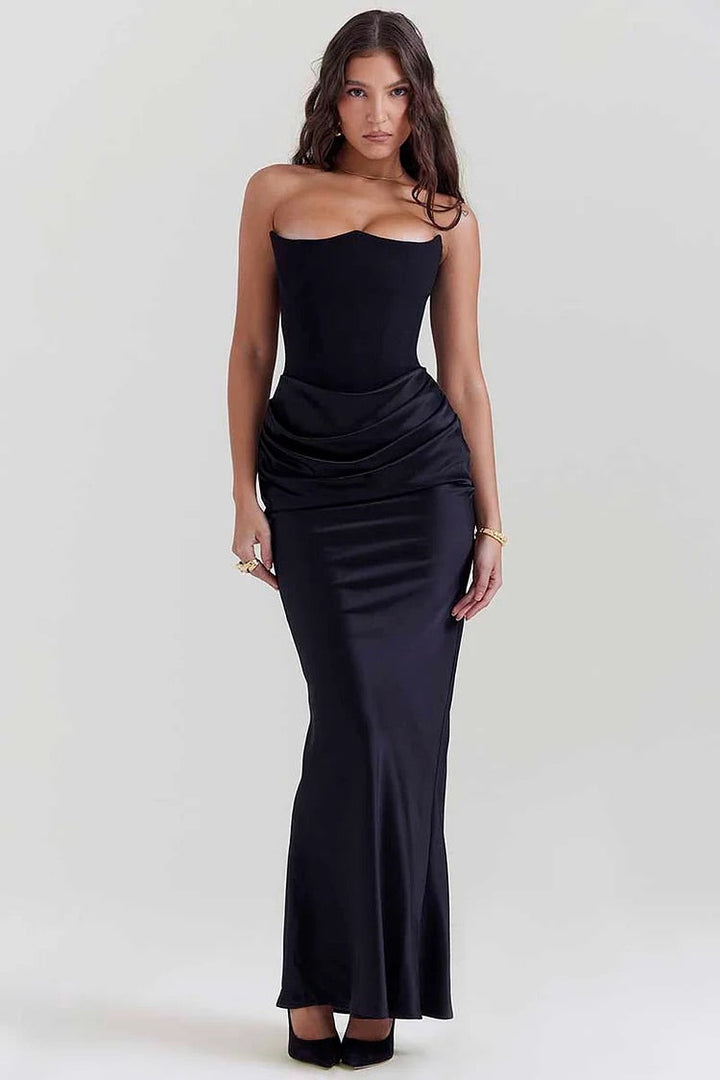 Drune | Elegante Bustier-Patchwork Formelle Party Fishtail Maxi Kleider-Schwarz