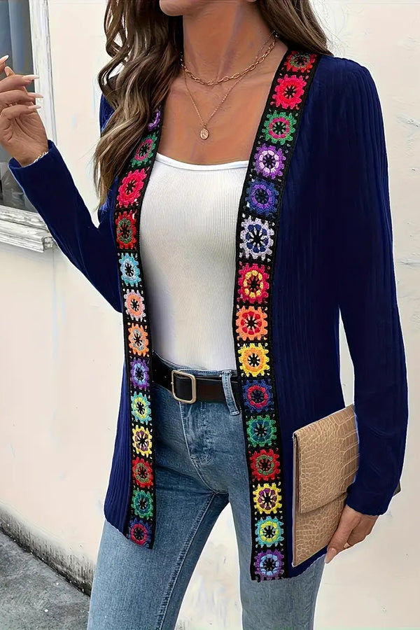 Drune | Boho knit cardigan with floral trim and long sleeves