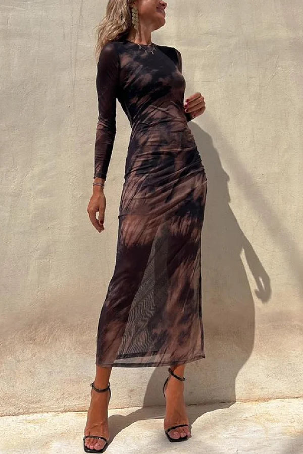 Drune | Charm Lady Mesh Overlay Tie Dye Print Langarm Rüsch Stretch Midi Kleid