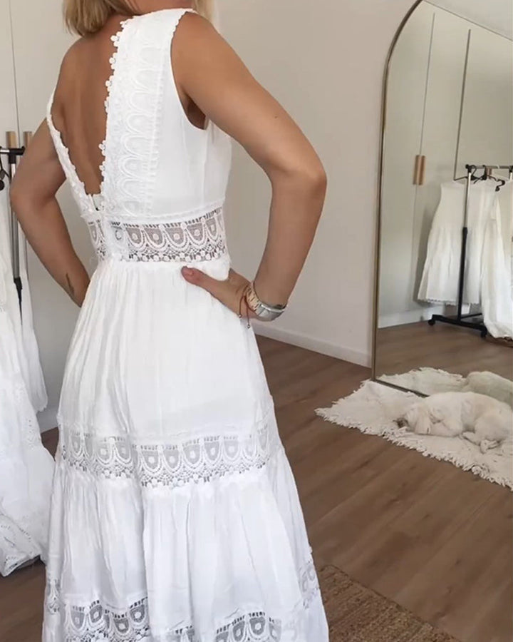 Drune | Ärmelloses Sommerkleid Mit V-ausschnitt Und Spitze Für Frauen