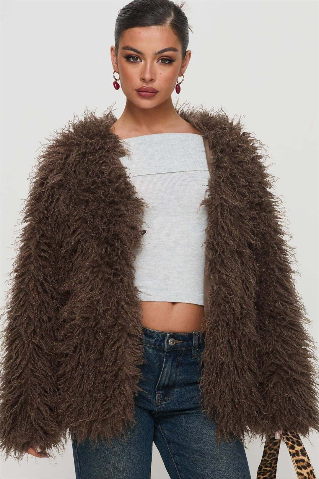 Drune | Fluffy Brown Faux Fur Übergroße Jacke