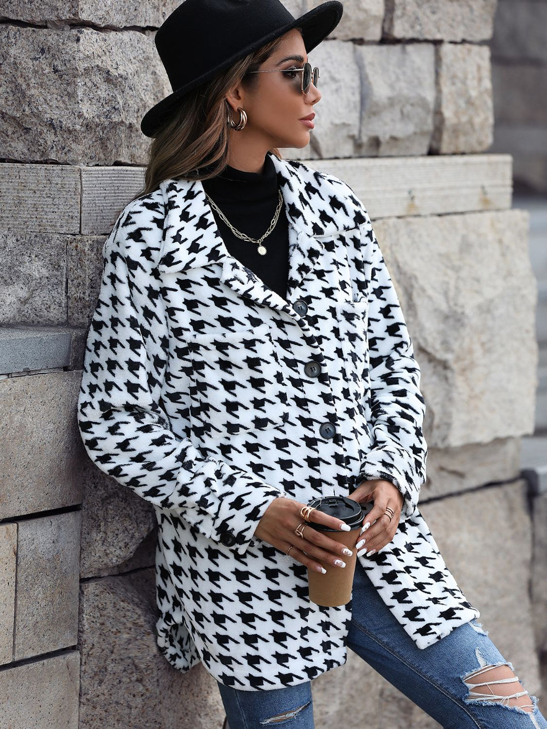 Drune | Longline-Mantel - Klassisches Muster - Weicher Polyester-Mix - Elegante Oberbekleidung