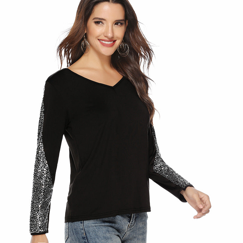 Damen elegantes Oberteil mit glitzernden Ärmeln und V-Ausschnitt Drune