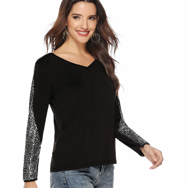 Damen elegantes Oberteil mit glitzernden Ärmeln und V-Ausschnitt Drune