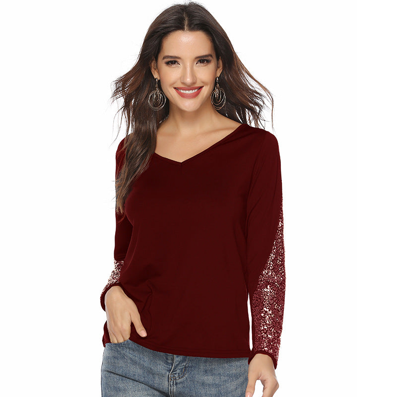 Damen elegantes Oberteil mit glitzernden Ärmeln und V-Ausschnitt Drune