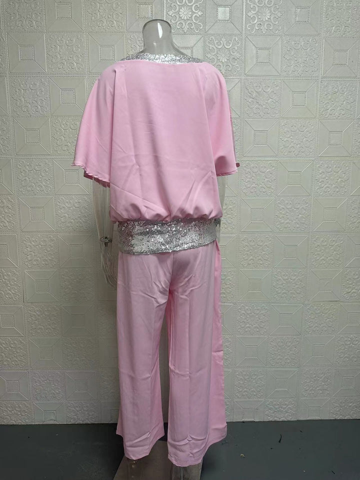 Drune | Rundhalsausschnitt Pailletten Farbe Matching Batman Wide Leg Pants Set