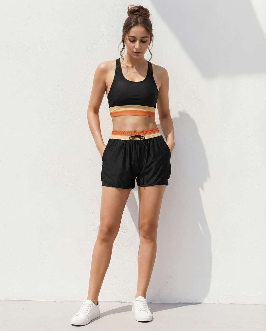 Drune | Schwarzes Colorblock Reißverschluss Rücken Sport Bikini-Oberteil mit Boyshort-Set