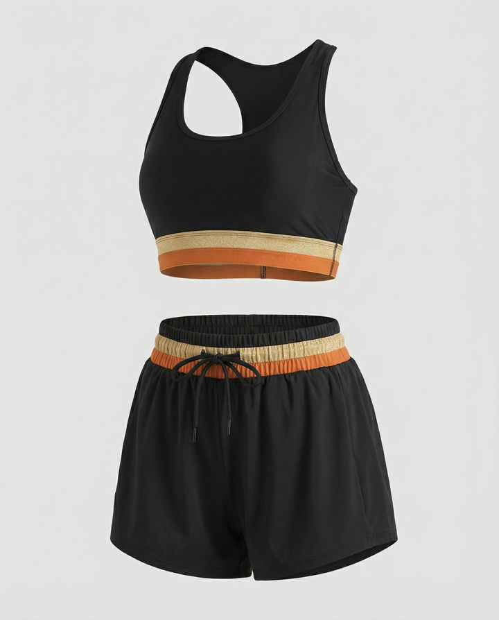 Drune | Schwarzes Colorblock Reißverschluss Rücken Sport Bikini-Oberteil mit Boyshort-Set