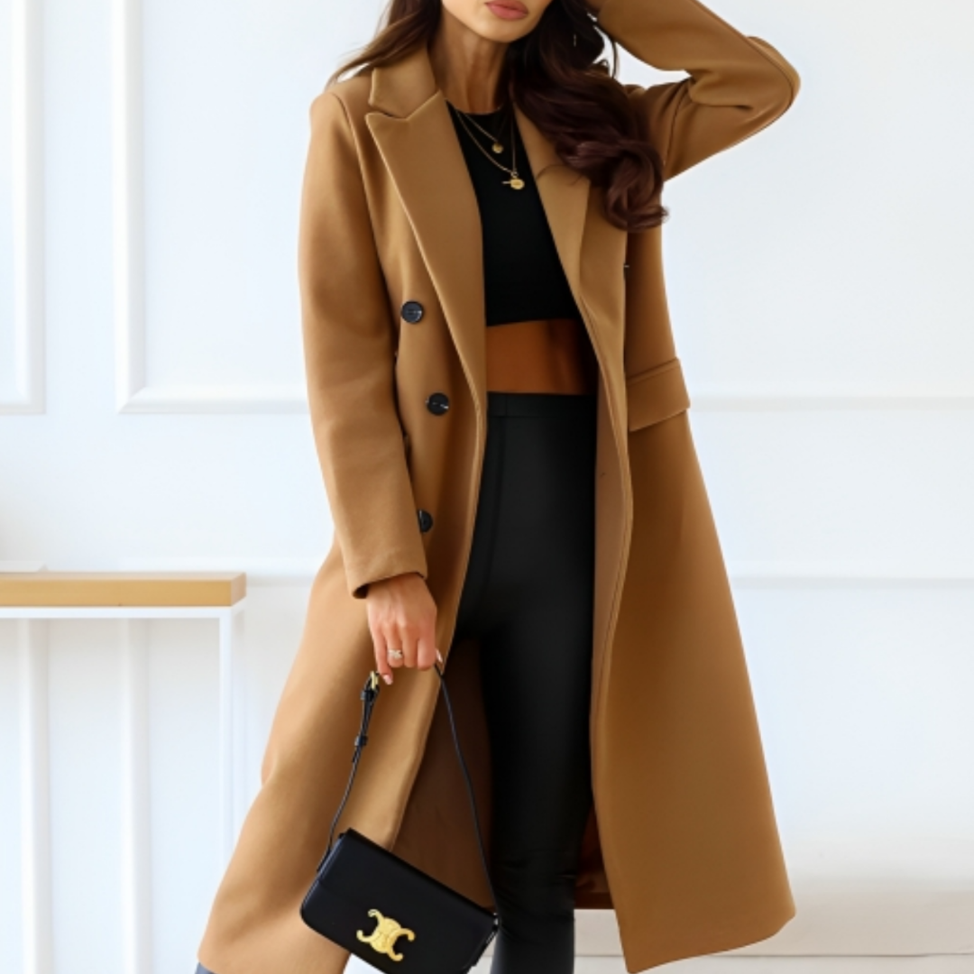 Drune | Langer Mantel Tailored Fit Doppelreiher Breite Revers und Patten Taschen