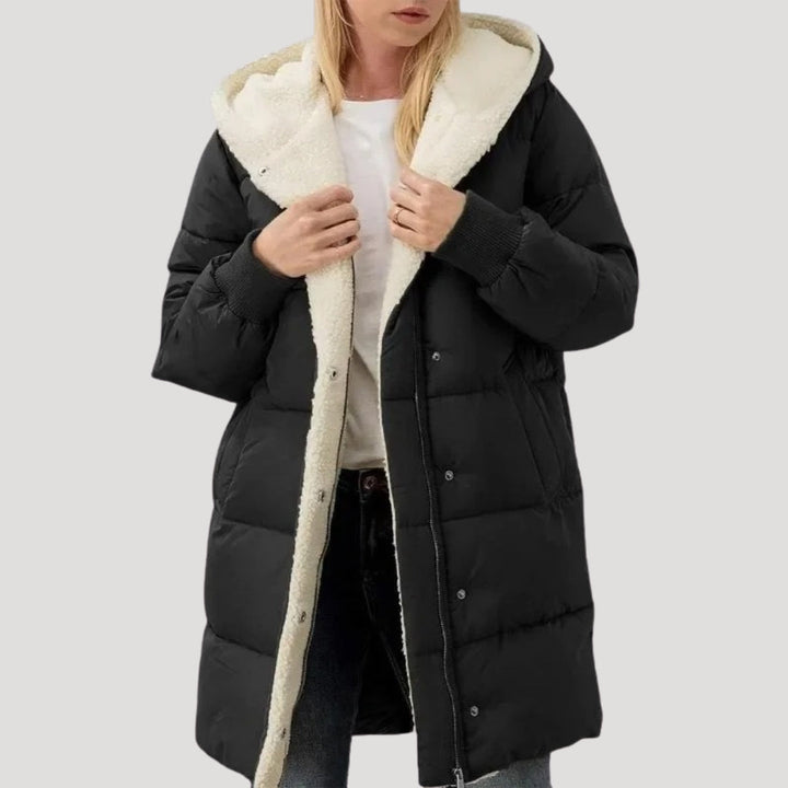 Drune | Damen langer Puffermantel – mit Kunstfell gefütterte Winterjacke