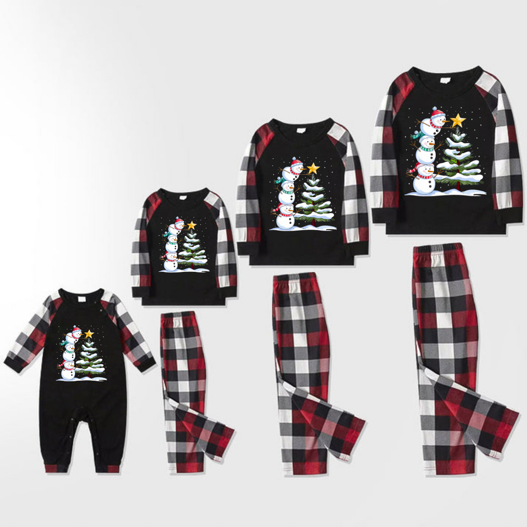 Drune | Rote und graue karierte Weihnachts-Pyjama-Set mit Schneemann- und Weihnachtsbaum-Print