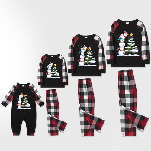 Drune | Rote und graue karierte Weihnachts-Pyjama-Set mit Schneemann- und Weihnachtsbaum-Print
