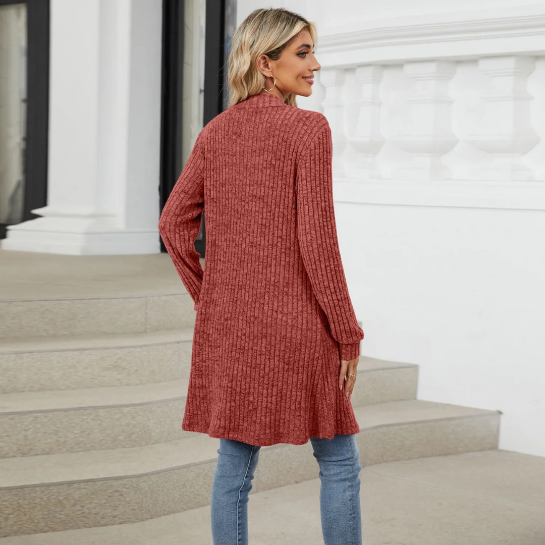 Drune | Lange Strickjacken Damen Gerippte Offene Vorderseite Jacke mit Taschen