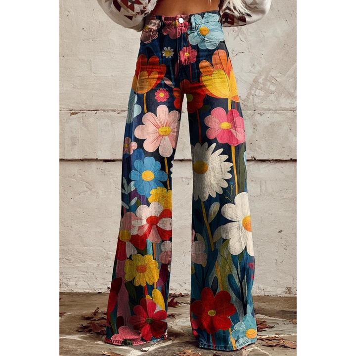 Drune | Damen bedruckte Jeanshose Helle Blumen
