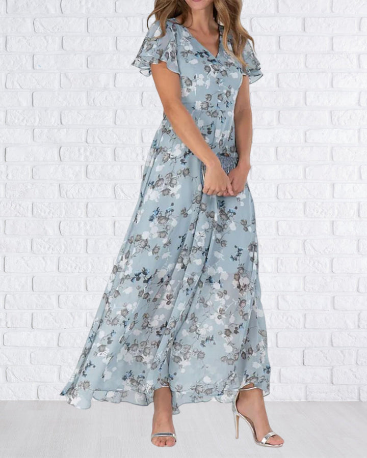 Drune - Florales Maxikleid Damen | Chiffonstoff luftiges Sommerkleid | Maxikleid mit fließendem Rock
